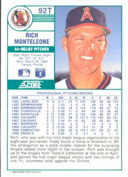 1989 Score Rookie & Traded #92T Rich Monteleone Back