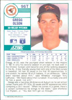 1989 Score Rookie & Traded #96T Gregg Olson Back