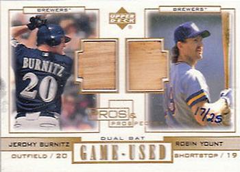 2001 Upper Deck Pros & Prospects - Legends Game-Used Dual Bat Gold #PL-BY Jeromy Burnitz / Robin Yount Front