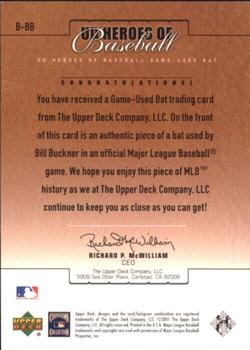 2001 Upper Deck Prospect Premieres - UD Heroes of Baseball Game Bat #B-BB Bill Buckner  Back
