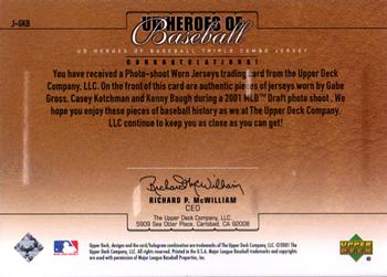 2001 Upper Deck Prospect Premieres - UD Heroes of Baseball Game Jersey Trios #J-GKB Gabe Gross / Casey Kotchman / Kenny Baugh  Back
