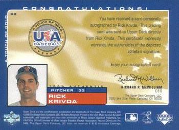 2001 Upper Deck Rookie Update - USA Touch of Gold Autographs #RK Rick Krivda  Back