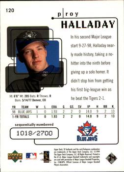1999 SP Authentic #120 Roy Halladay Back