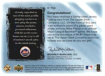 2001 Upper Deck Ultimate Collection - Game Jersey #UMP Mike Piazza  Back