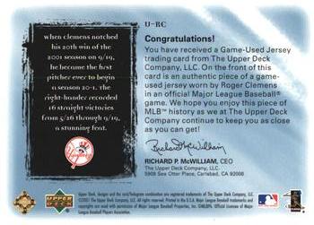 2001 Upper Deck Ultimate Collection - Game Jersey #URC Roger Clemens  Back