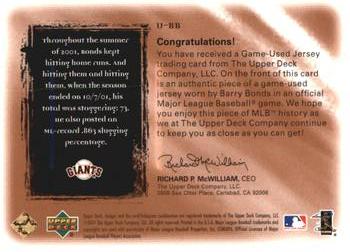 2001 Upper Deck Ultimate Collection - Game Jersey Copper #UBB Barry Bonds  Back
