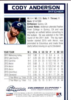 2016 Choice Columbus Clippers #03 Cody Anderson Back