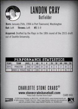 2016 Choice Charlotte Stone Crabs #31 Landon Cray Back