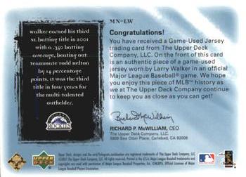 2001 Upper Deck Ultimate Collection - Magic Numbers Game Jersey #MN-LW Larry Walker  Back