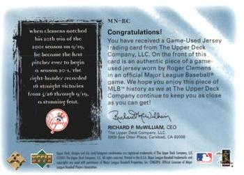 2001 Upper Deck Ultimate Collection - Magic Numbers Game Jersey #MN-RC Roger Clemens  Back