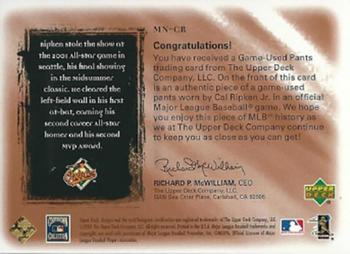 2001 Upper Deck Ultimate Collection - Magic Numbers Game Jersey Copper #MNCR Cal Ripken Jr.  Back
