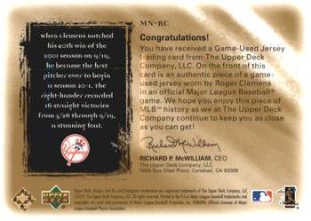 2001 Upper Deck Ultimate Collection - Magic Numbers Game Jersey Gold #MNRC Roger Clemens  Back