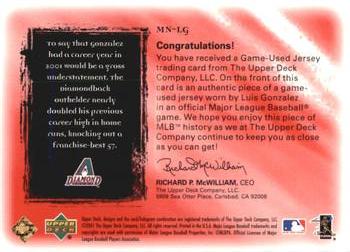 2001 Upper Deck Ultimate Collection - Magic Numbers Game Jersey Red #MNLG Luis Gonzalez  Back