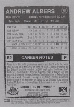 2016 Choice Rochester Red Wings #01 Andrew Albers Back