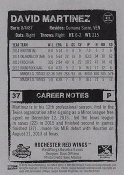 2016 Choice Rochester Red Wings #11 David Martinez Back