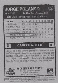 2016 Choice Rochester Red Wings #16 Jorge Polanco Back