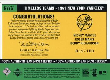 2001 Upper Deck Vintage - Timeless Teams Combos #NYY61 Mickey Mantle / Roger Maris / Bobby Richardson Back
