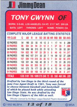 1992 Jimmy Dean #13 Tony Gwynn Back