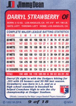 1992 Jimmy Dean #9 Darryl Strawberry Back