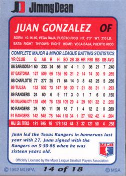 1992 Jimmy Dean #14 Juan Gonzalez Back