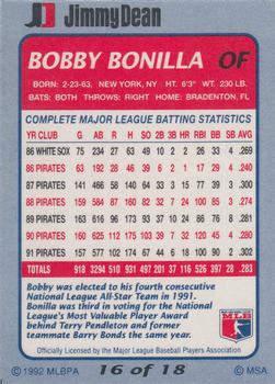 1992 Jimmy Dean #16 Bobby Bonilla Back