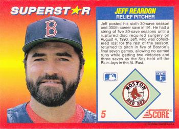 1992 Score 100 Superstars #5 Jeff Reardon Back