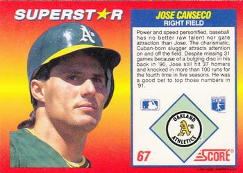 1992 Score 100 Superstars #67 Jose Canseco Back
