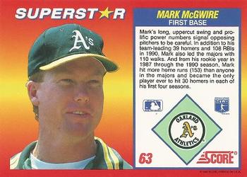 1992 Score 100 Superstars #63 Mark McGwire Back