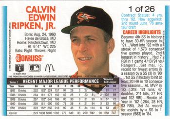 1992 Donruss McDonald's MVP #1 Cal Ripken, Jr. Back