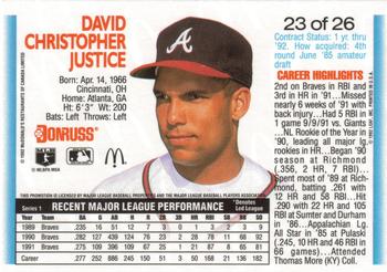 1992 Donruss McDonald's MVP #23 David Justice Back