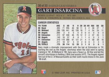 1992 Donruss - Gold Leaf Stars Previews #30 Gary DiSarcina Back
