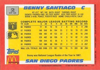 1992 Topps McDonald's Baseball's Best #2 Benny Santiago Back