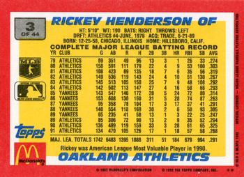 1992 Topps McDonald's Baseball's Best #3 Rickey Henderson Back