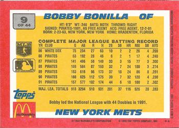 1992 Topps McDonald's Baseball's Best #9 Bobby Bonilla Back