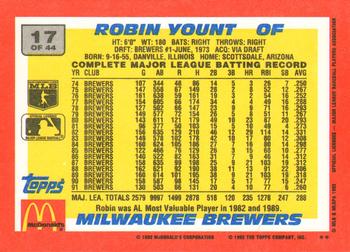 1992 Topps McDonald's Baseball's Best #17 Robin Yount Back