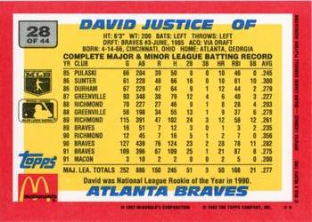 1992 Topps McDonald's Baseball's Best #28 David Justice Back