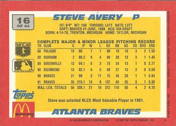 1992 Topps McDonald's Baseball's Best #16 Steve Avery Back