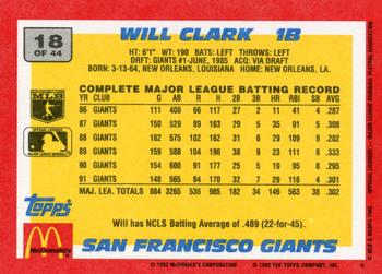 1992 Topps McDonald's Baseball's Best #18 Will Clark Back