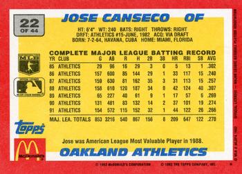 1992 Topps McDonald's Baseball's Best #22 Jose Canseco Back