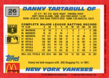 1992 Topps McDonald's Baseball's Best #26 Danny Tartabull Back