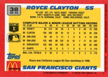 1992 Topps McDonald's Baseball's Best #38 Royce Clayton Back