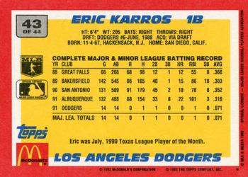 1992 Topps McDonald's Baseball's Best #43 Eric Karros Back
