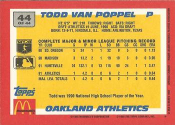 1992 Topps McDonald's Baseball's Best #44 Todd Van Poppel Back