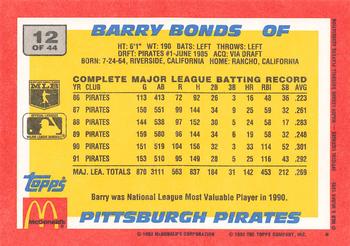 1992 Topps McDonald's Baseball's Best #12 Barry Bonds Back