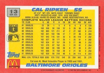 1992 Topps McDonald's Baseball's Best #13 Cal Ripken Back