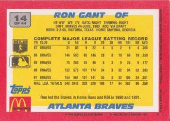 1992 Topps McDonald's Baseball's Best #14 Ron Gant Back