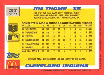 1992 Topps McDonald's Baseball's Best #37 Jim Thome Back