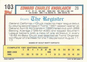 1992 Topps Major League Debut 1991 #103 Chuck Knoblauch Back