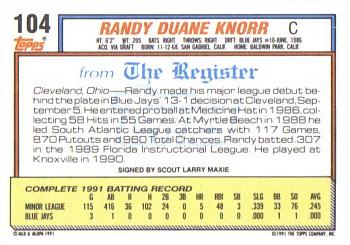 1992 Topps Major League Debut 1991 #104 Randy Knorr Back