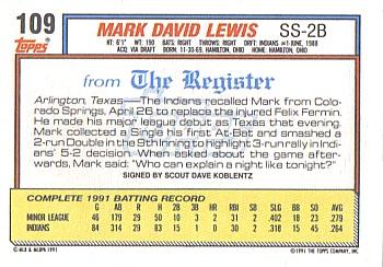 1992 Topps Major League Debut 1991 #109 Mark Lewis Back